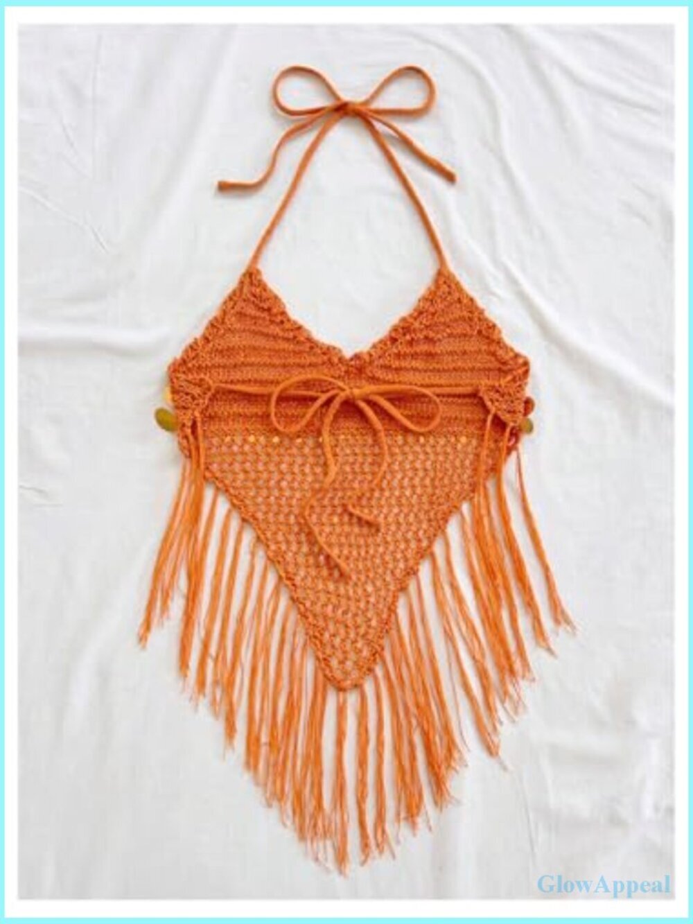 Sequin Hollow Out Crochet Crop Halter Top Boho Tie Backless Asymmetrical Fringe - Picture 3 of 5